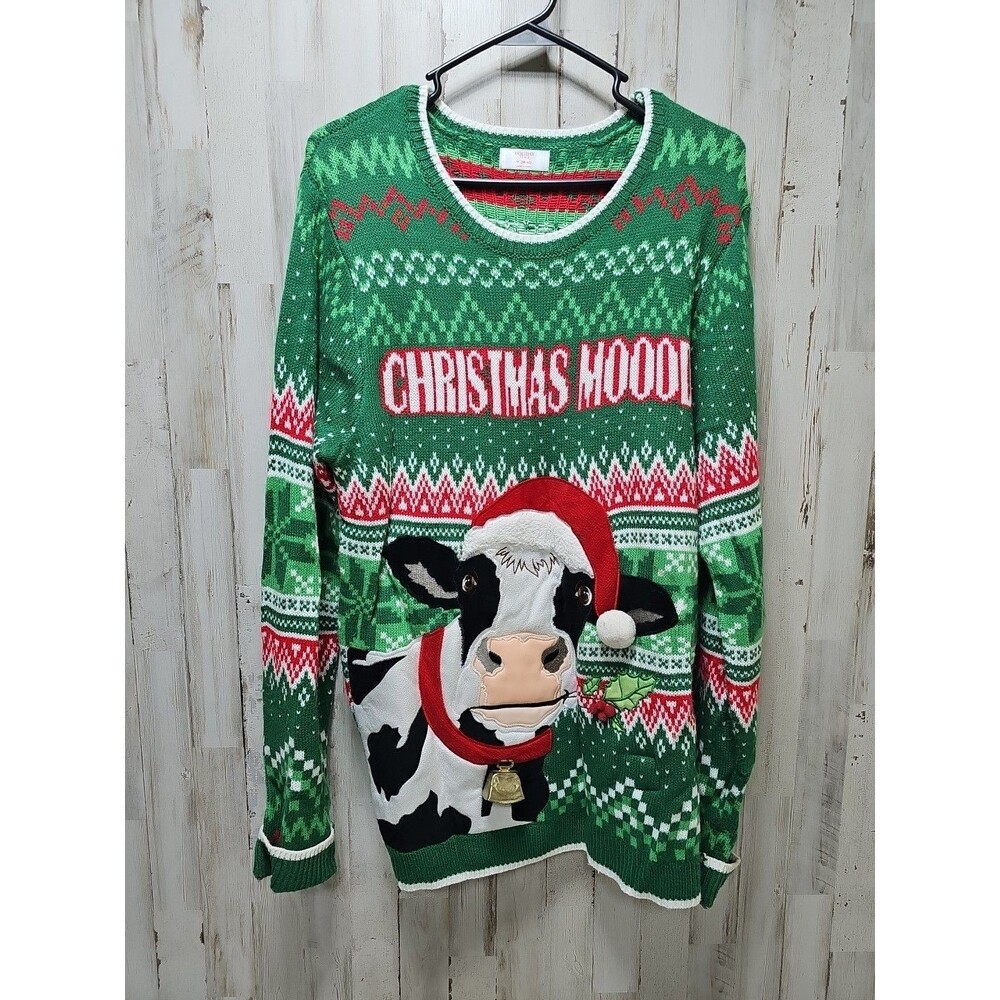 Knit Christmas Holiday Sweater Pullover Sz Medium Cow Green Bell Women's Or Men